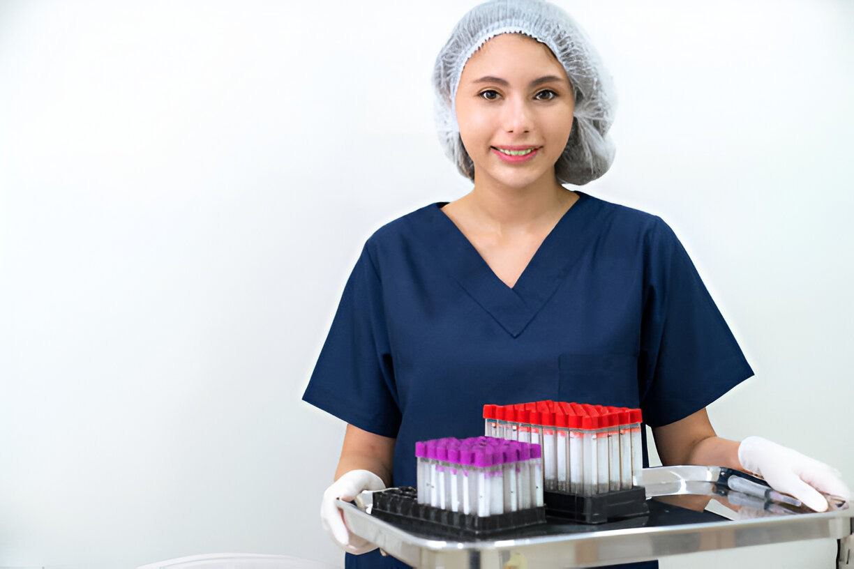 A laboratory technician in scrubs and a hair cover carrying a tray of capped blood collection tubes